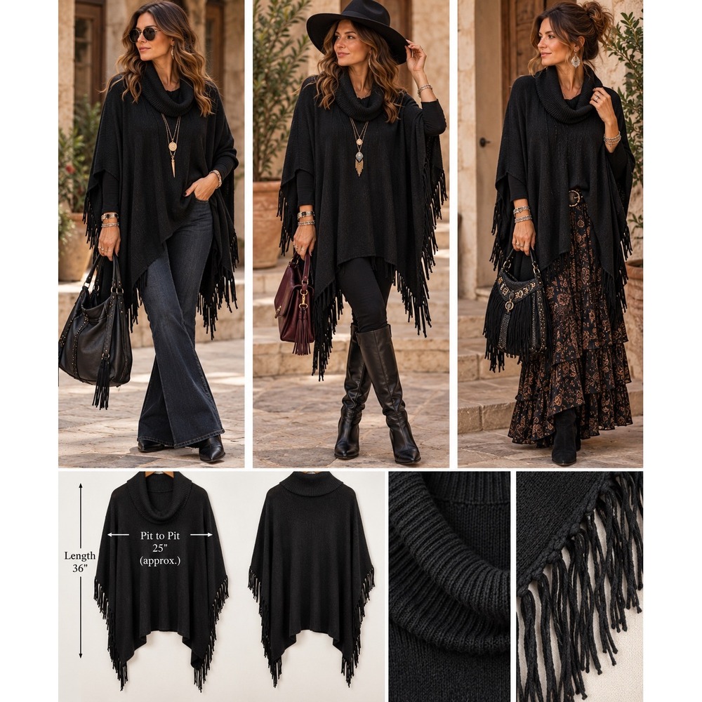 Cynthia Rowley 1X Black Fringe Poncho Sweater Cowl Neck Dark Boho Whimsigoth